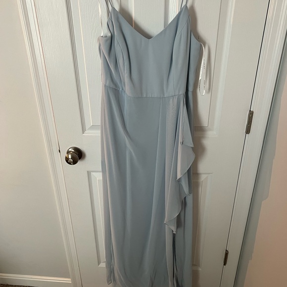 Dessy After Six Bridesmaid Chiffon Spaghetti Strap Gown Front Slit in Mist 12-R - Picture 2 of 5